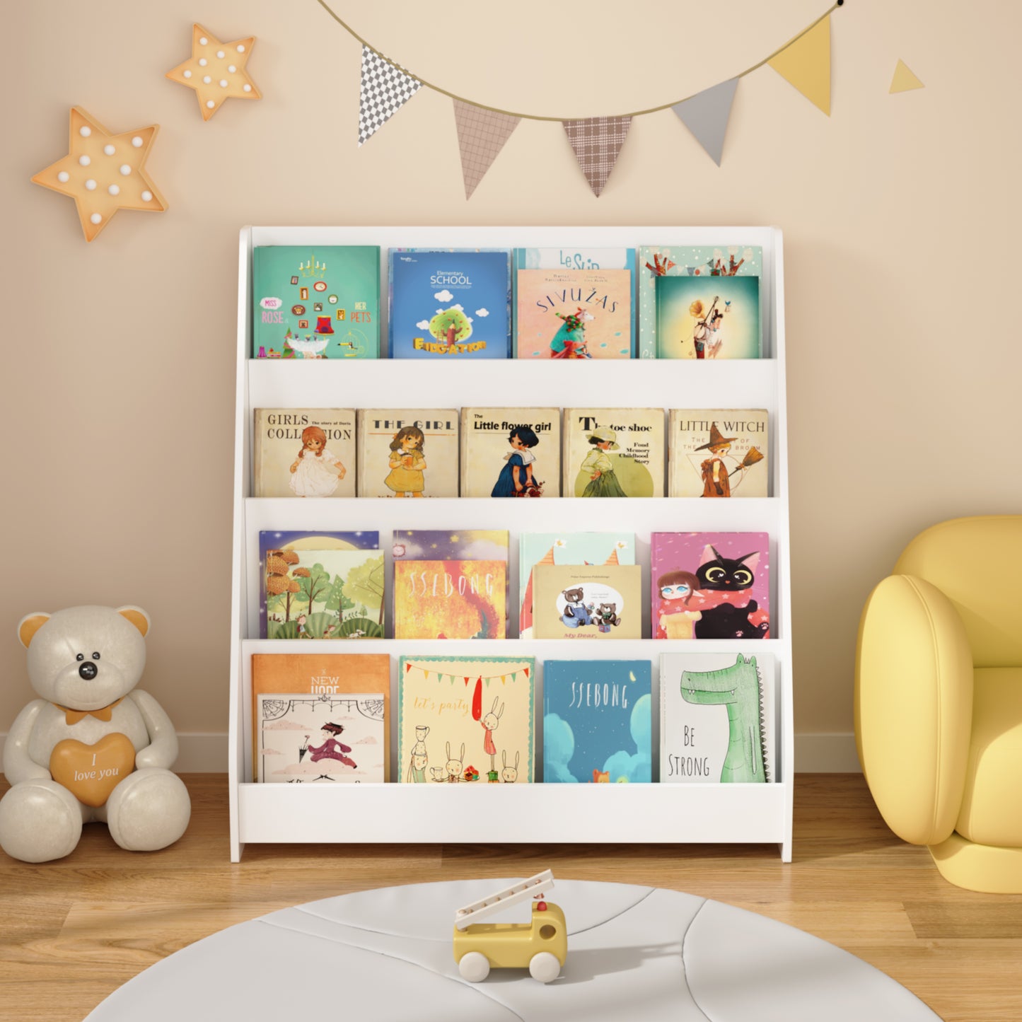 4-Tier Kids Bookshelf, Toddler Book Display Shelves, Helps Keep Bedrooms, Playrooms, And Classrooms Organized,White