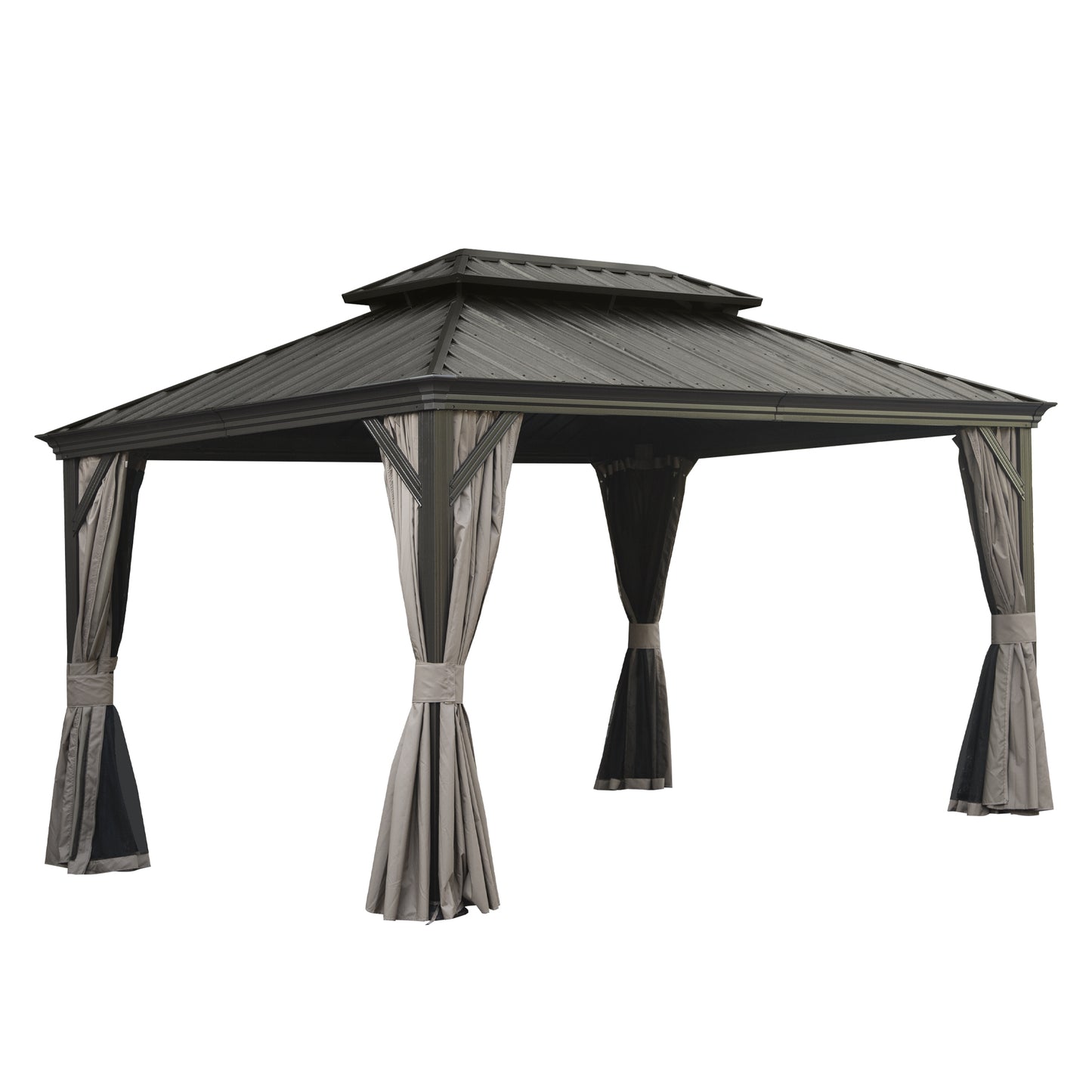 10  X 14  Hardtop Gazebo, Upgraded Metal Gazebo With Drainage System, Dual-Layer Galvanized Steel Roof, Curtain And Netting, Outdoor Shelter Canopy For Patio, Garden, And Backyard, Brown