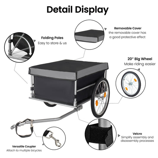 Foldable Bicycle Bike Cargo Trailer With 20  Wheels  Removable Cover  Folding Frame Quick Release  Bike Cart Bike Wagon Trailer For Luggage  Tools  Groceries. Black Gray