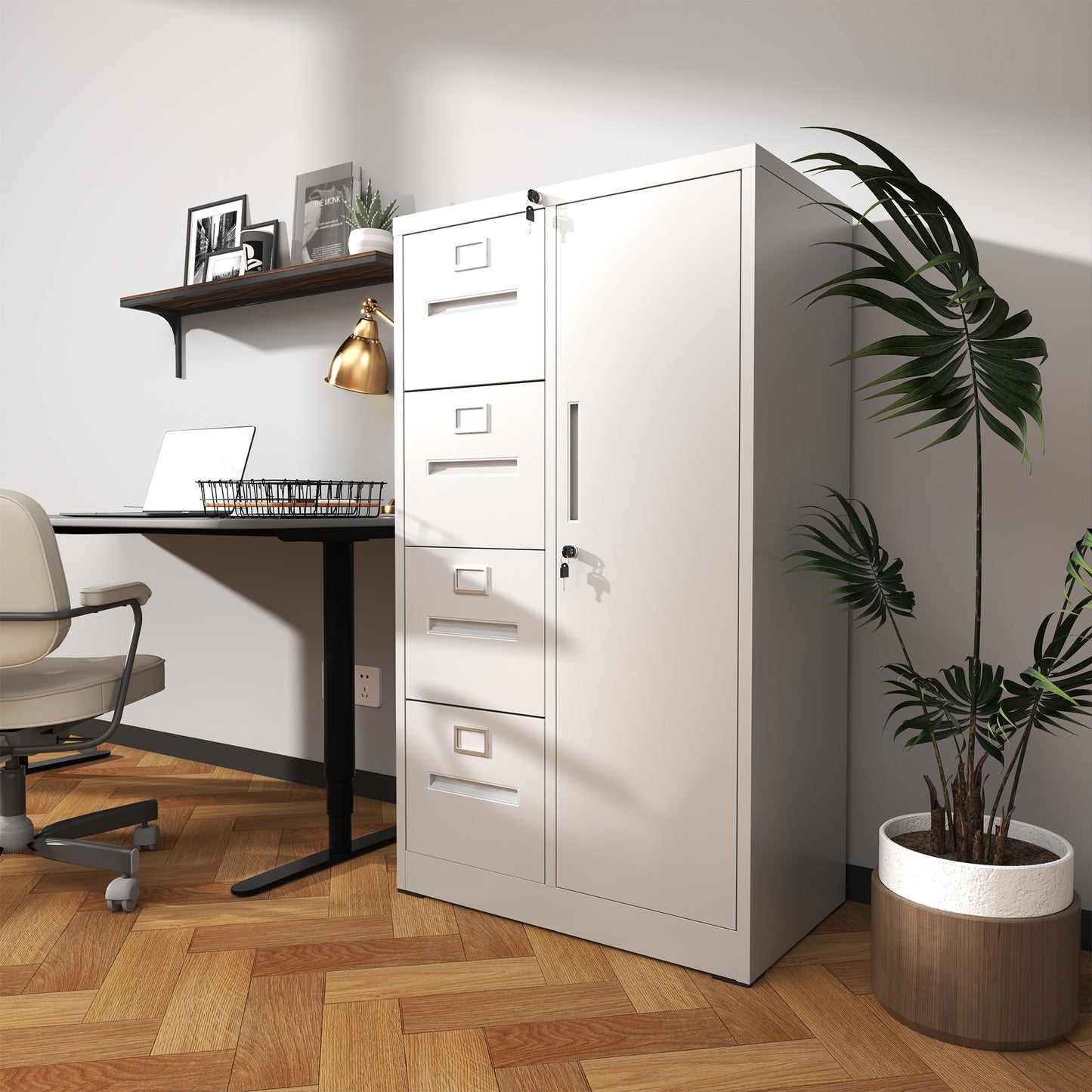 Metal Storage Vertical Filing Cabinet With Lock,  Steel File Locker With 4 Drawers And 1 Door For School, Living Room, Bedroom, Office  White