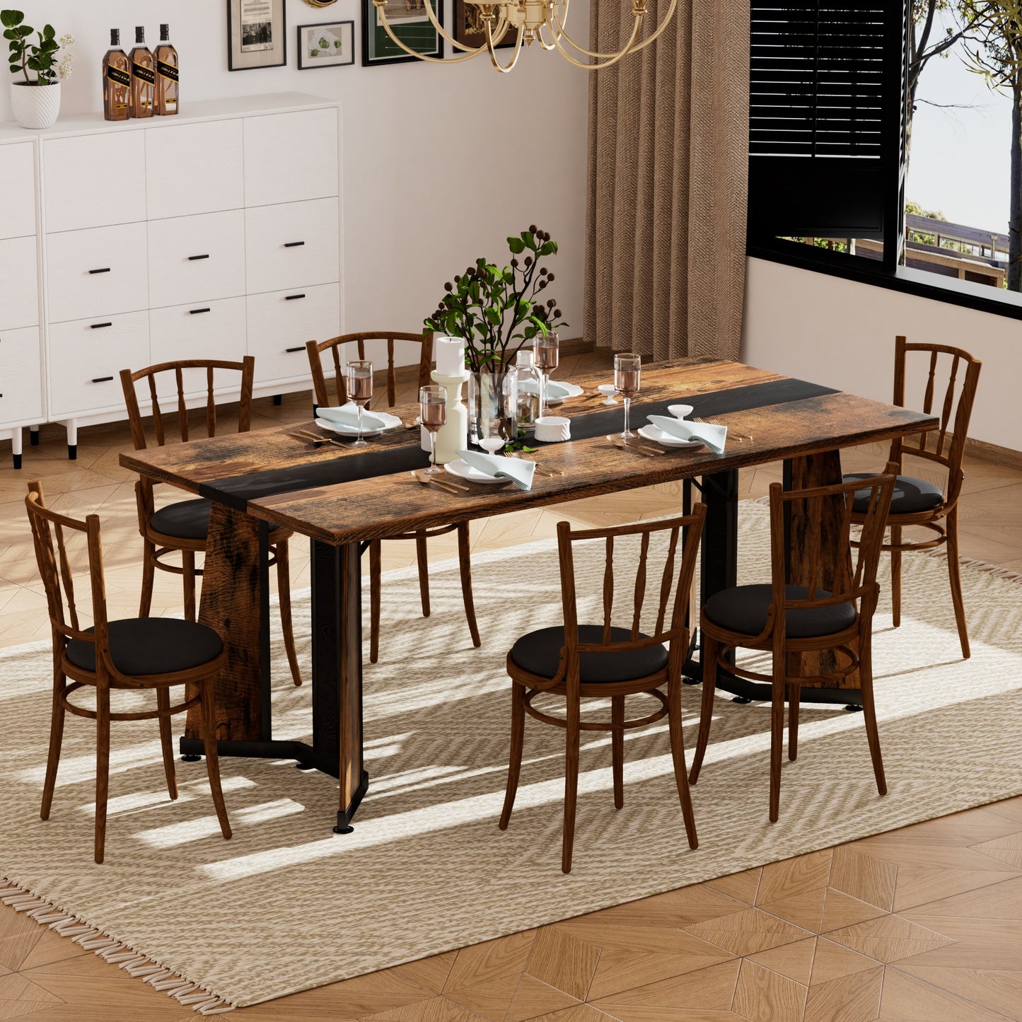 70.9 Rectangular Large Dining Table, Waterproof Large Desk For 8 People, Deluxe Family Dining Table With Adjustable Legs For Kitchen,Living Room,Office, Rustic Brown,70.9 W X 35.4 D X 30.3 H