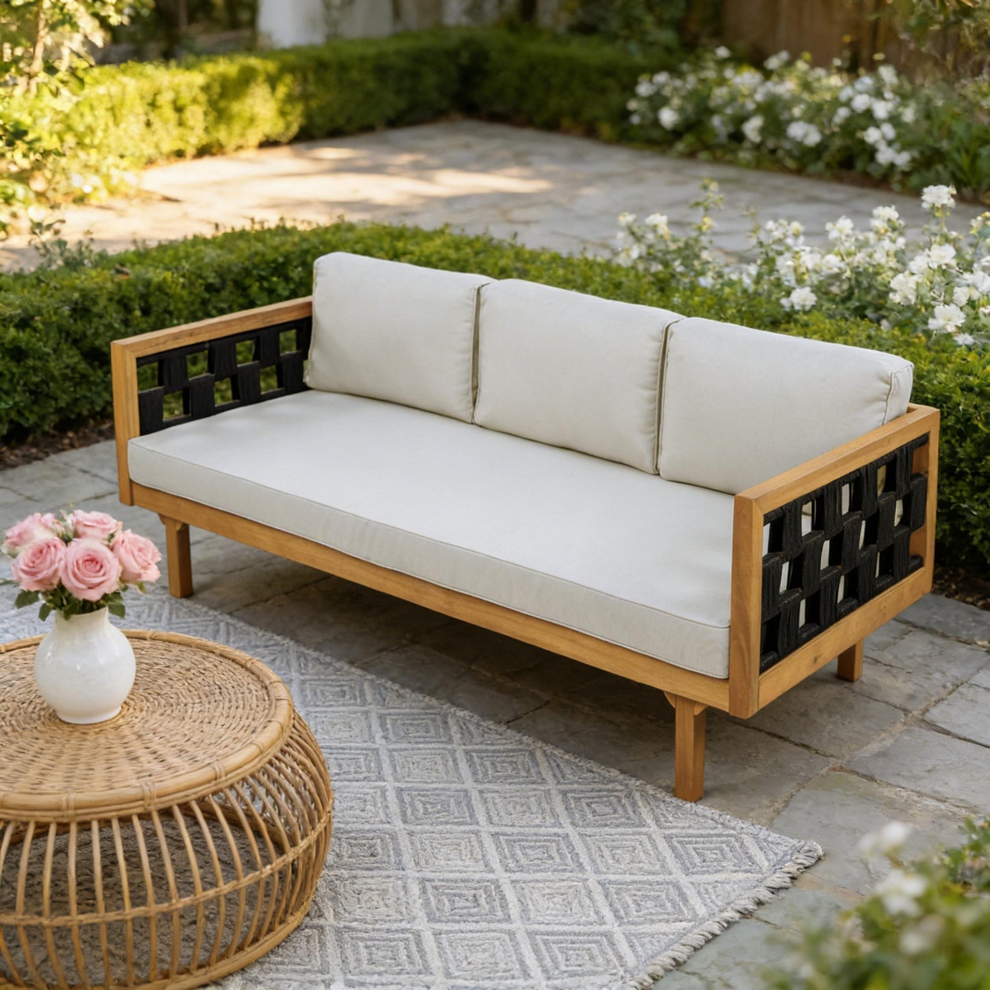 Three-Seater Outdoor Daybed - Acacia Wood Teak Finish Frame With Light Grey Cushions & Black Flat Rope, 67.5'' L X 32'' W X 24.24'' H Patio Lounge Sofa For Garden Deck Backyard