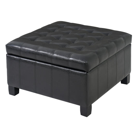 Black PU Storage Ottoman With Rubber Wood Legs, 30.25   Square Tufted Indoor Ottoman With Lift-Top Storage For Living Room, Bedroom & Entryway,300lbs Weight Capacity