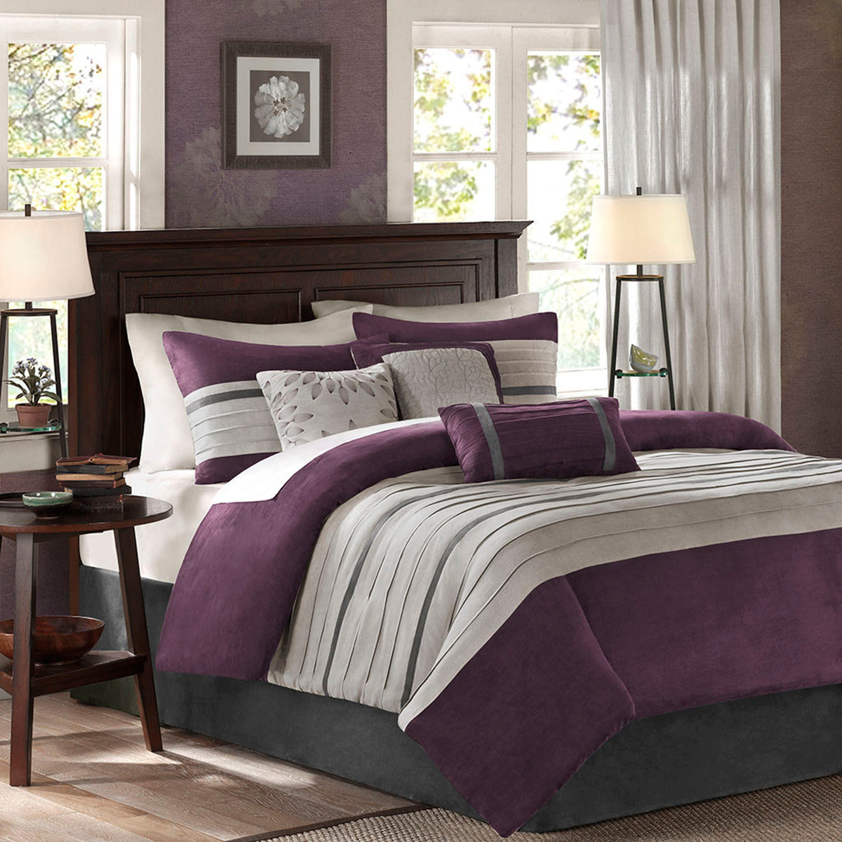 7 PC Pieced Faux Suede Comforter Set Purple Full