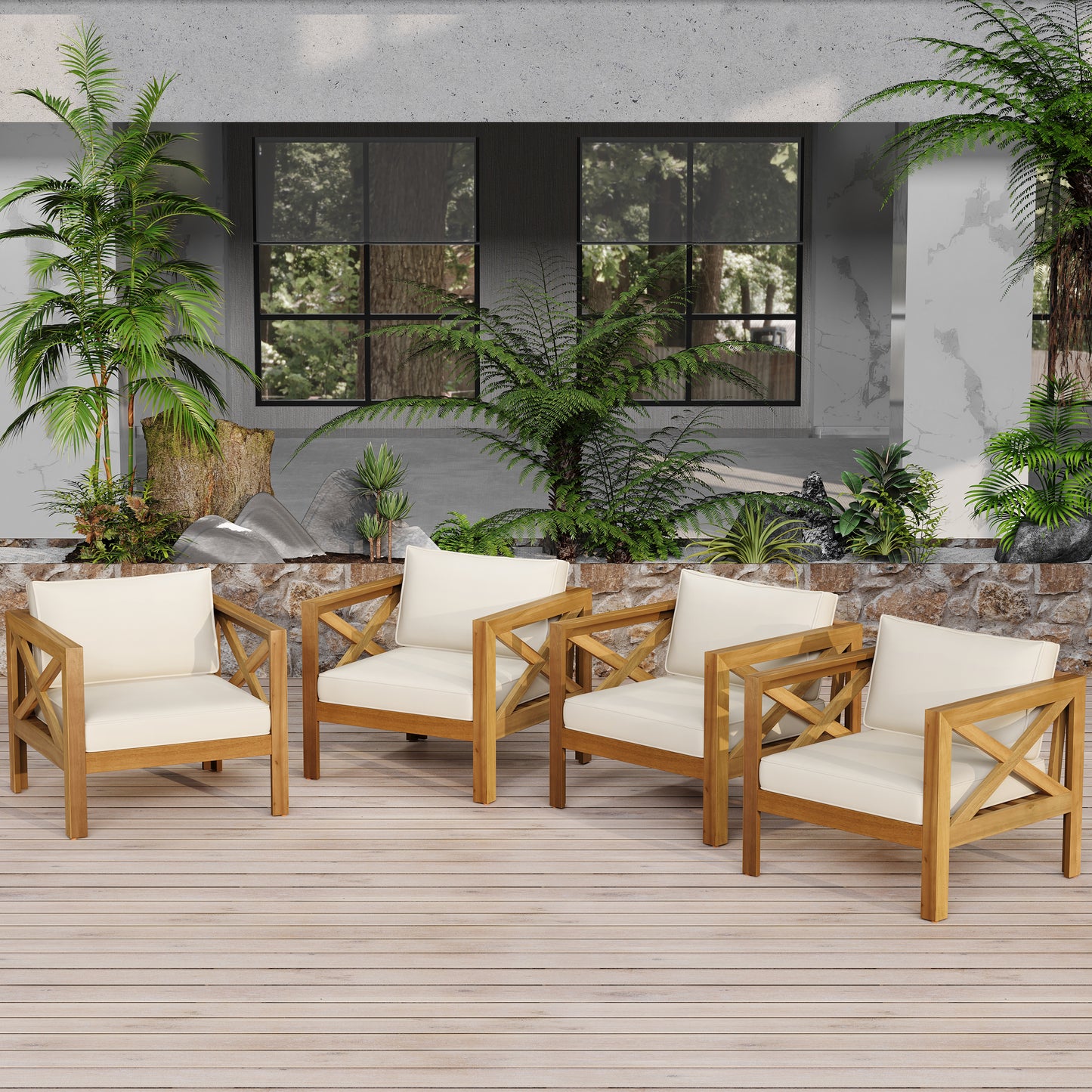 Outdoor Acacia Wood Club Wooden Armchair With Cushions  Set Of 2 , Conversation Set,Teak Finish,Beige Cushion