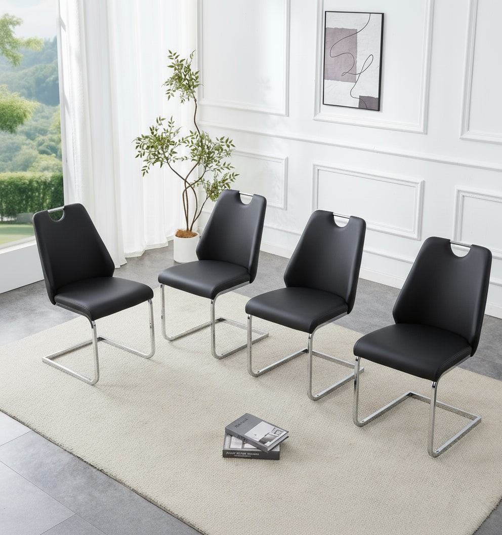 Dining Chairs Set Of 4, Black Faux Leather Kitchen Chairs With Gold Mesh Texture, Silver Back Ring And Chrome Pull Handle, High Back Upholstered Dining Room Chair  Black, Set Of 4