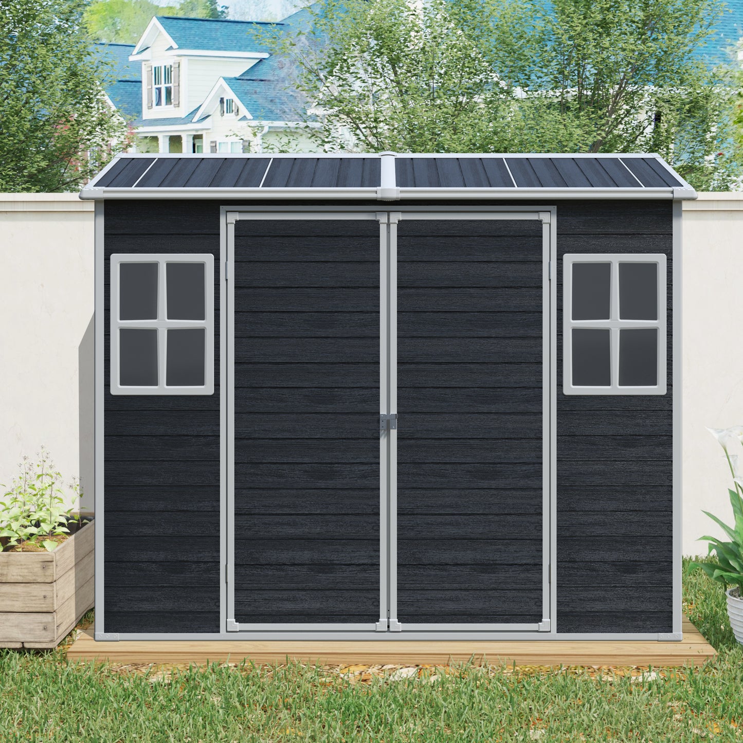 8 Ft X 4 Ft Outdoor Storage Shed With Two-Window And Double-Door, Plastic Shed With Floor For Gargen,Patio,Yard,Lawn,Black