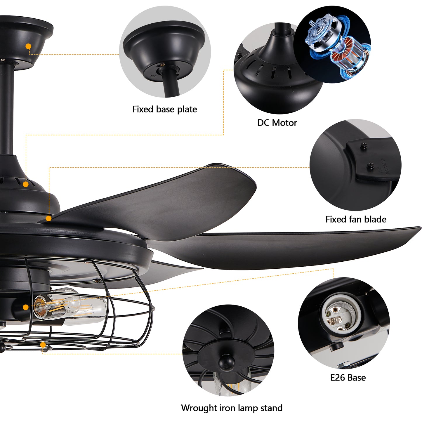 52 Modern Black Ceiling Fan With Light, 6 Fan Blades And Industrial Cage Design, Adjustable Speed For Living Room, Bedroom, Dining Room  Silent 6-Speed Reversible DC Motor  Bulb Not Included