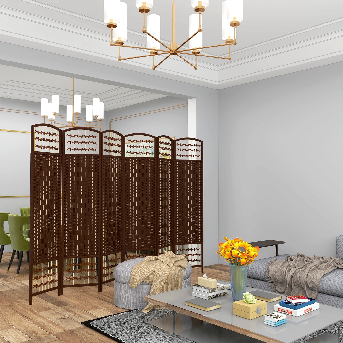 6 Panel Folding Room Divider Portable Privacy Screen Wave Fiber Room Partition For Home Office Brown