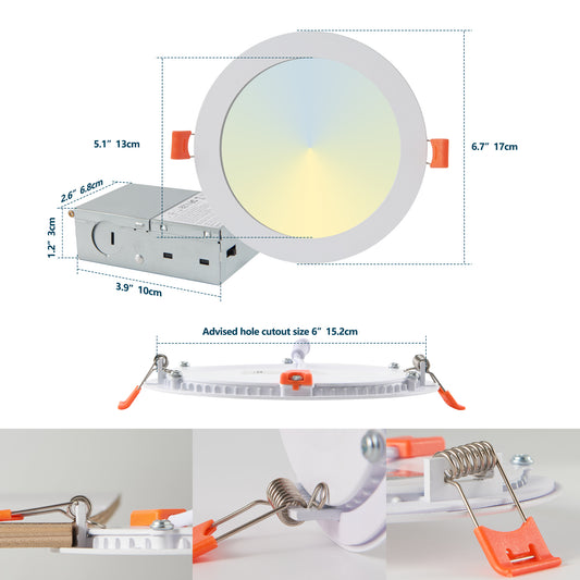 6 Inch LED Recessed Ceiling Lights, 12-Pack Ultra-Thin With Junction Box, 5 Color Temperature Options 2700K-5000K, 12W 1080LM Dimmable Canless Downlight, ETL Listed For Home And Commercial Use