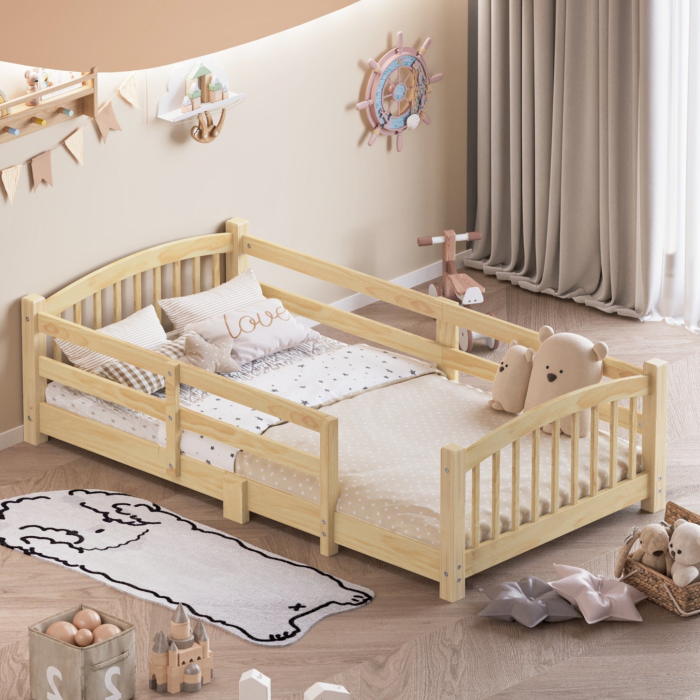 Twin Montessori Floor Bed With Slats And Safety Guardrails, Solid Wood Floor Bed With Fence And Without Door, Easy Assemble Montessori Bed For Girls And Boys, Natural