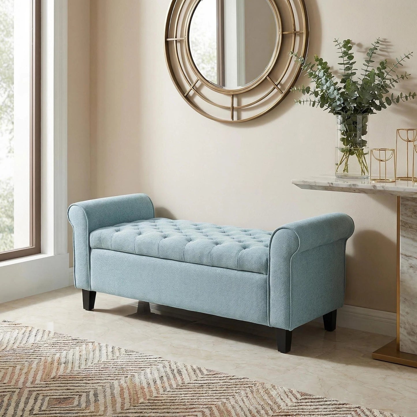Light Blue Fabric Storage Bench With Rolled Arms, 38  Seat Width,  Black Legs, Button Fabric Design, Living Room Bedroom Entryway Furniture