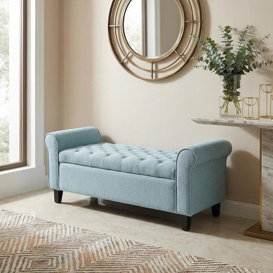 Light Blue Fabric Storage Bench With Rolled Arms, 38  Seat Width,  Black Legs, Button Fabric Design, Living Room Bedroom Entryway Furniture