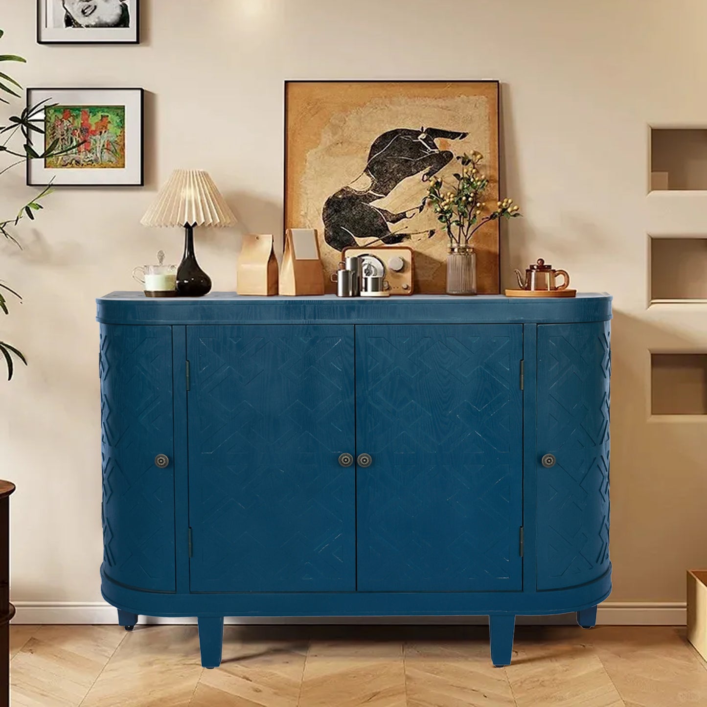 47 Oval Storage Cabinet With 4 Doors,Buffet Sideboard Cabinet With Storage, Fluted Accent Storage Cabinet With Curvy Edge, Sliding Door, Freestanding Credenza, Console Table For Living Room, Kitchen