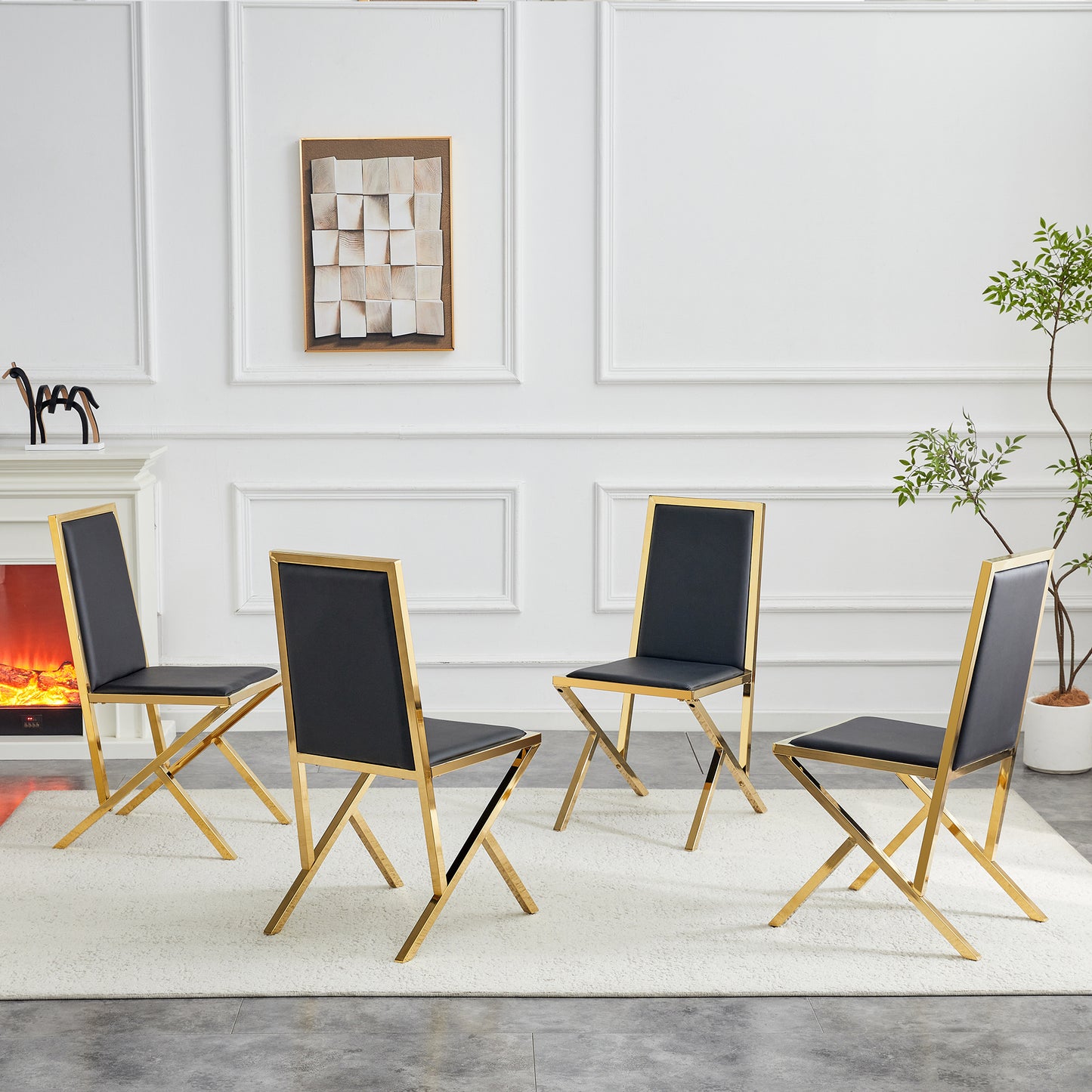 4-pack Gold Metal Framed Black PU Dining Chairs Ergonomic Design, A Simple And Luxurious Choice.Featuring Uniquely Designed Gold Metal Legs.