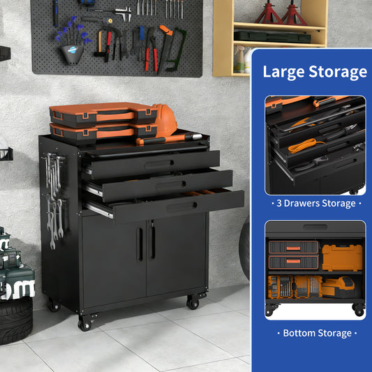 34.3  Rolling Metal Tool Cabinet - Heavy Duty Garage Storage With Lockable Doors & 3 Drawers, Mobile Workbench Organizer For Garage, Workshop, Home