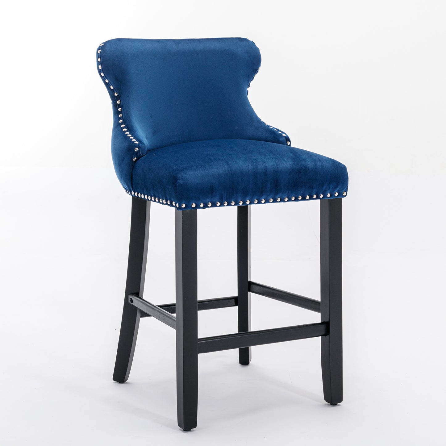A&A Furniture,Contemporary Velvet Upholstered Wing-Back Barstools With Button Tufted Decoration And Wooden Legs, And Chrome Nailhead Trim, Leisure Style Bar Chairs,Bar Stools,Set Of 2  Blue ,SW1824BL
