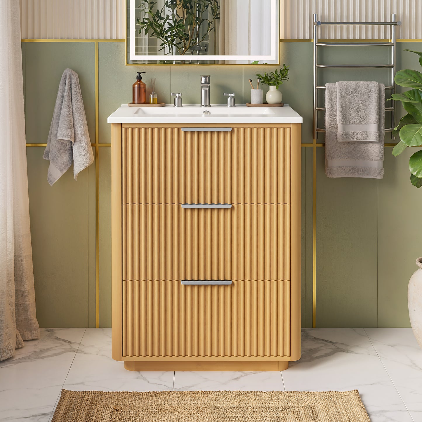 24 Inch Modern Luxury Bathroom Vanity With Ceramic Sink, Bathroom Cabinet With Open Shelf And Closed Storage