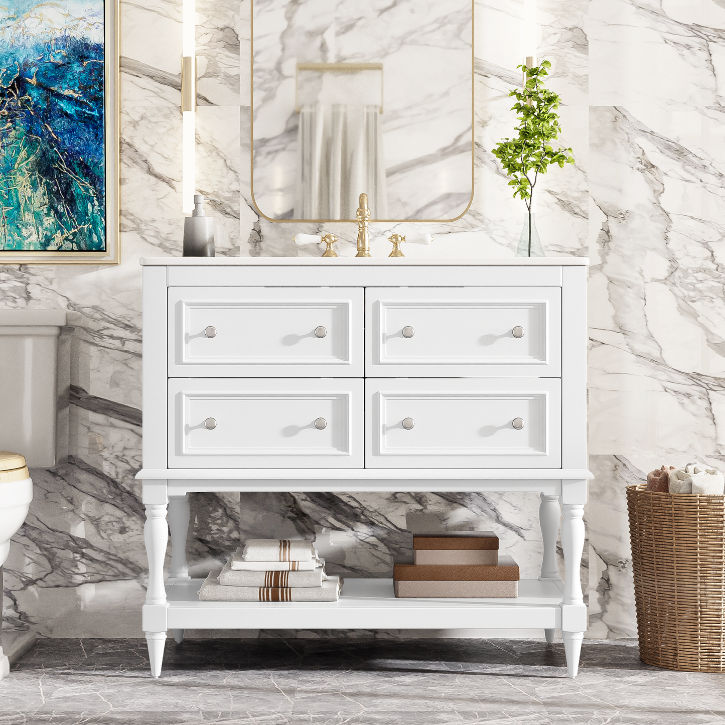 36 Bathroom Vanity Cabinet With Sink Combo Set, Undermount Ceramic Sink, Free Standing Vanity Set With 4 Drawers, Solid Wood Frame Bathroom Cabinet, White
