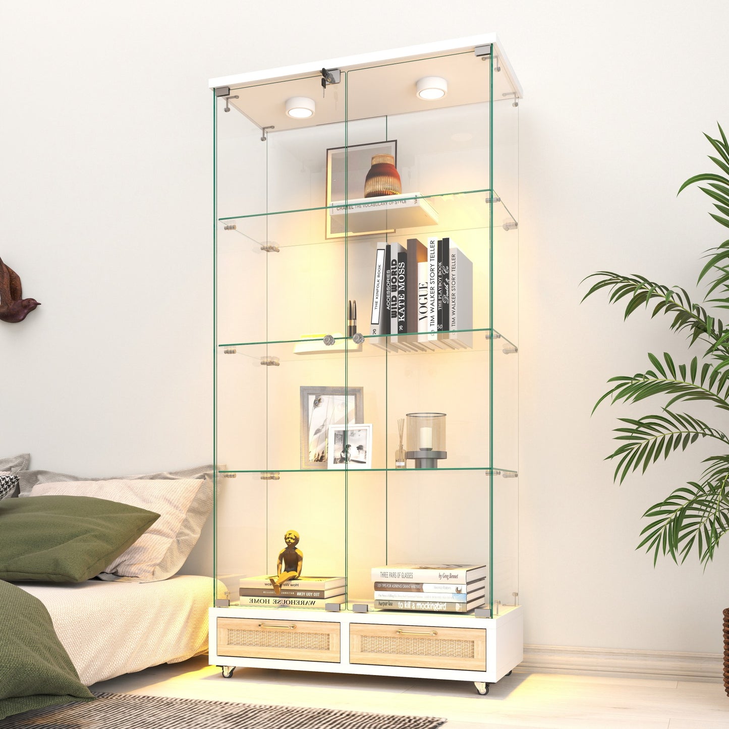 Modern Glass Display Cabinet With Large Drawers,Quick-assembly Antique Cabinet With LED Lights,empered Glass Bookshelf,2-Door Storage Case With 4 Shelves For Living Room And Bedroom,white And Natural