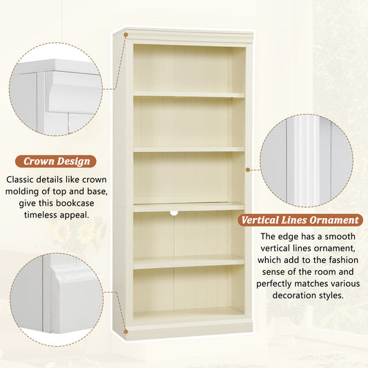 83.4 Tall Wood Bookcase With Light Strip,5-Tier Decor Bookshelves With Adjustable Shelves,Storage Organizer For CDs Books,Free Standing Storage Shelves For Living Room,Home Office,Beige And Yellow