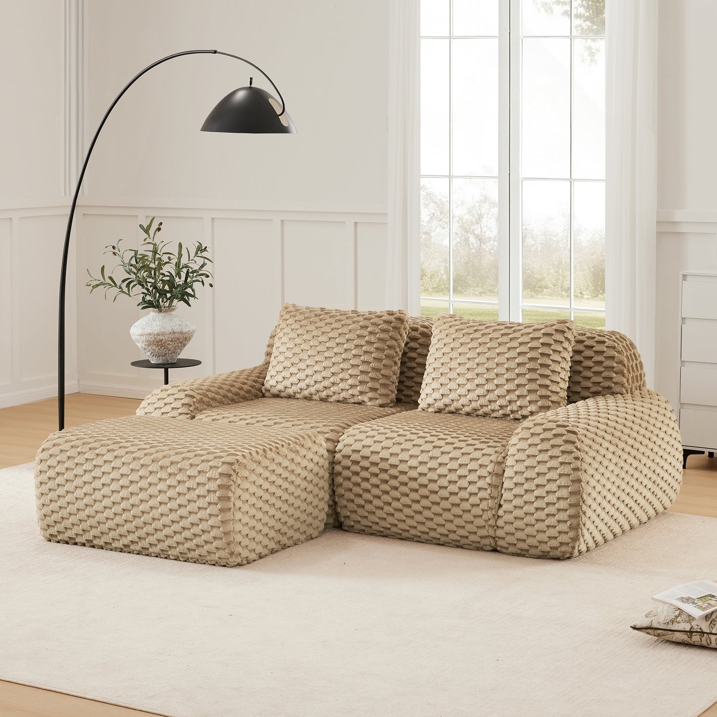 82 Modern L-Shaped Modular Sectional Sofa For Living Room,Flannelette Fabric,Oversized 2-Seater Couch,boneless Sofa ,Movable Ottoman,Buckle Connection,Anti-slip Design,No Assembly,Light