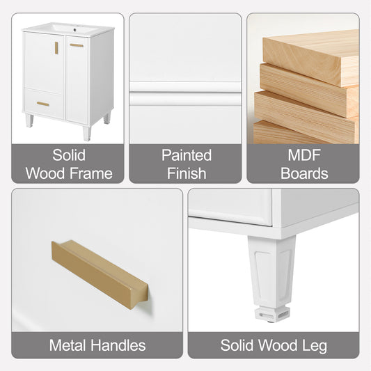 24 Bathroom Vanity With Sink, Bathroom Cabinet With Door Shelf, Deep Drawer, 2-Tier Pull-Out Basket, Solid Wood Frame And MDF Board, One Package, White