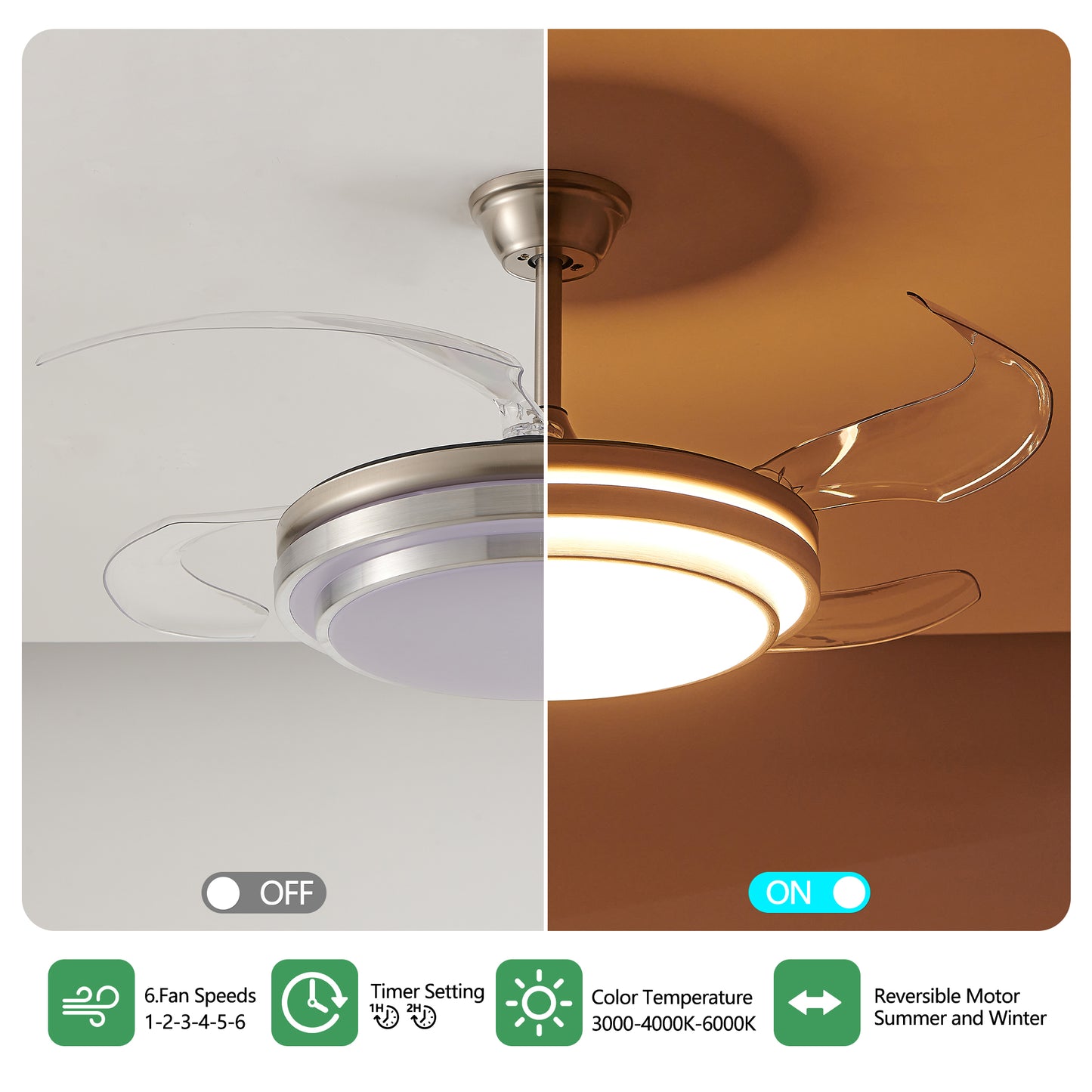42 Inch 3 Tiers Design Modern LED Ceiling Fan With Light And Remote Control, Retractable Blades, Adjustable 6-Speed, Silent Operation DC Motor For Living Room, Bedroom, Dining Room