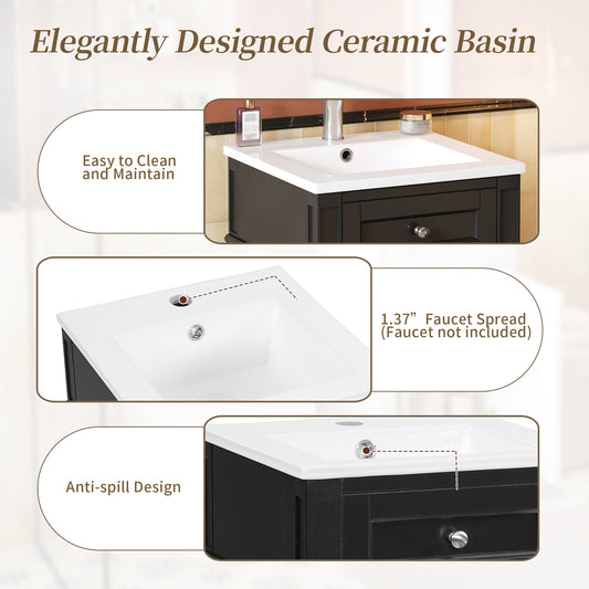 16-inch Bathroom Vanity With Ceramic Sink, Freestanding Single Vanity Set With Soft Closing Door, Adjustable Shelf, French Style, Solid Feet, Black