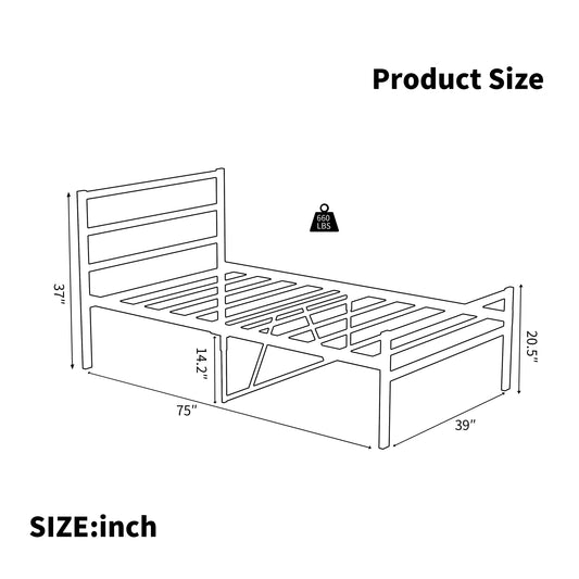 Metal Platform Bed Frame With Headboard, Sturdy Metal Frame, No Box Spring NeededTwin