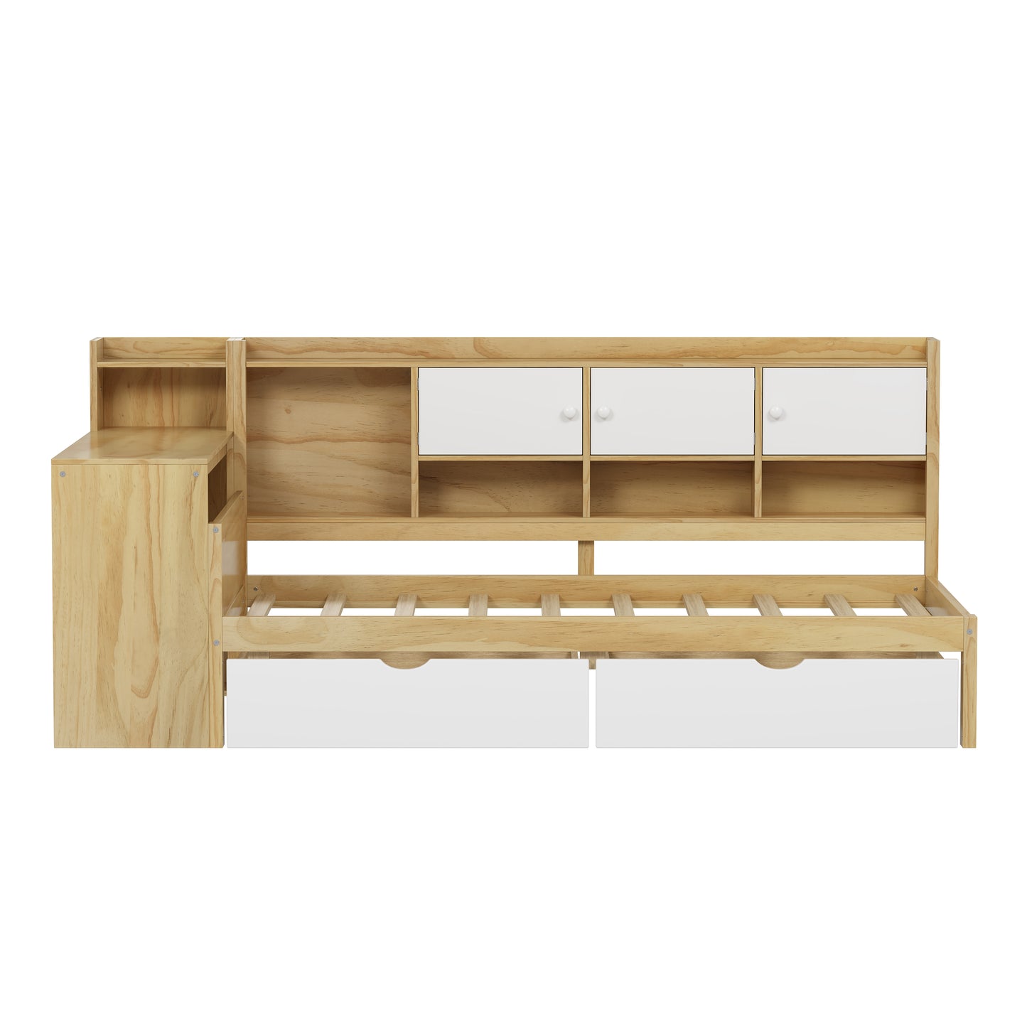 Wooden L-Shape Daybed With Seven Storage Cabinets And Two Storage Drawers, Multi-functional Bed With Study Desk And Built-in Bookshelf, Natural White