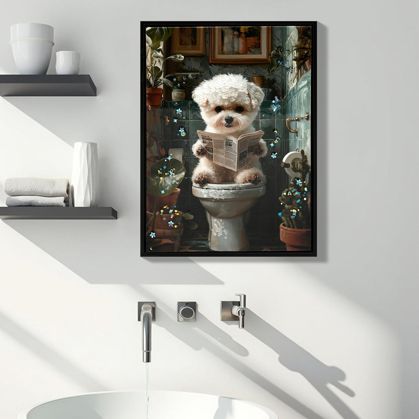 Framed Bathroom Decor, Cute Puppy Wall Art In Picture Frame, Funny Bathroom Wall Art Signs, 3D Canvas Print Ready To Hang  Framed,12  X16