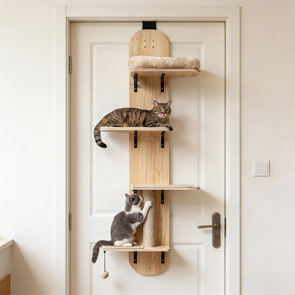Door Hanging Cat Climber 4-level Height Adjustable With Plush Bed Teasing Ball Jute Rope Scratching Post