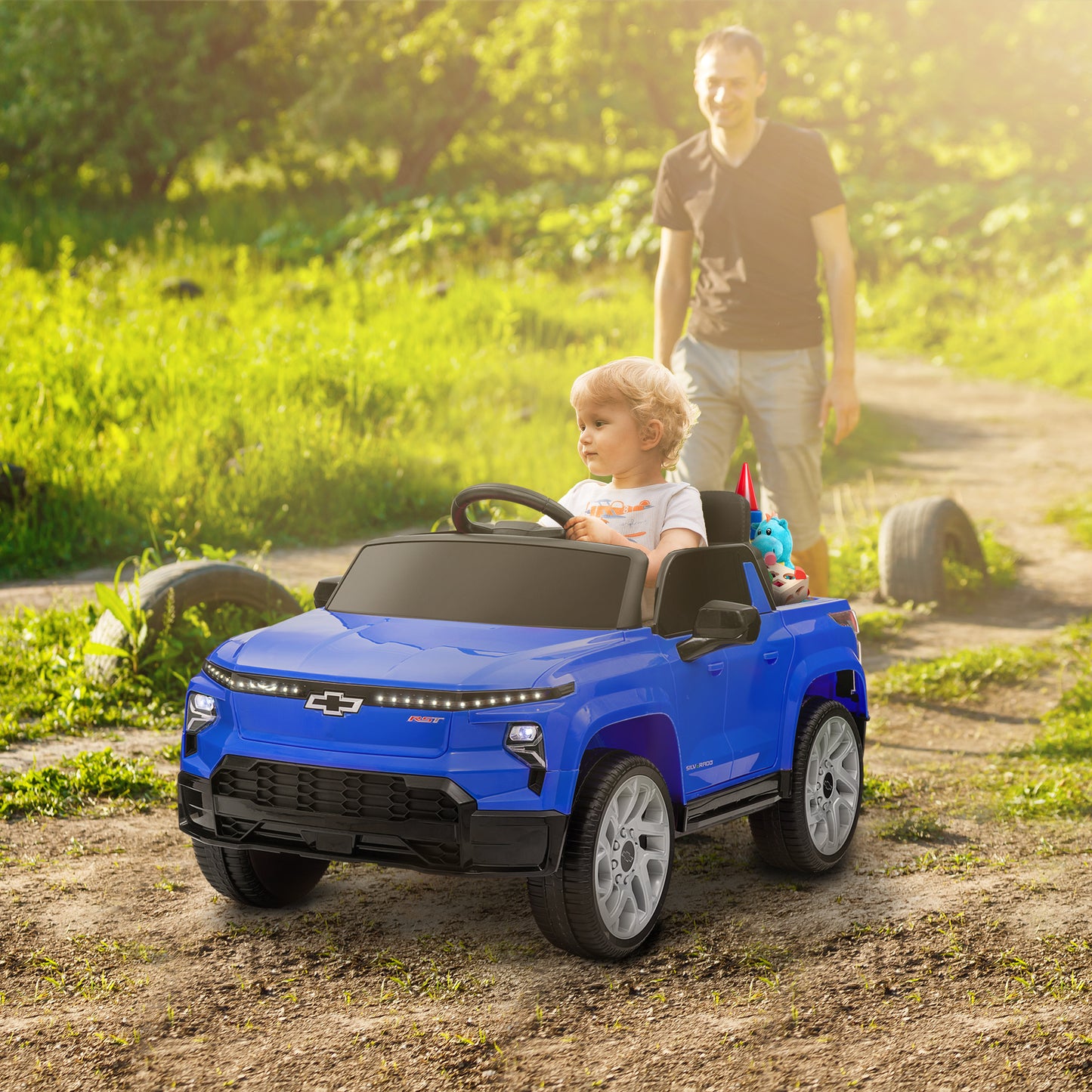 12V Chevrolet Silverado EV RST Licensed Kids Electric Car With Parent Remote Control, Spring Suspension, Blue