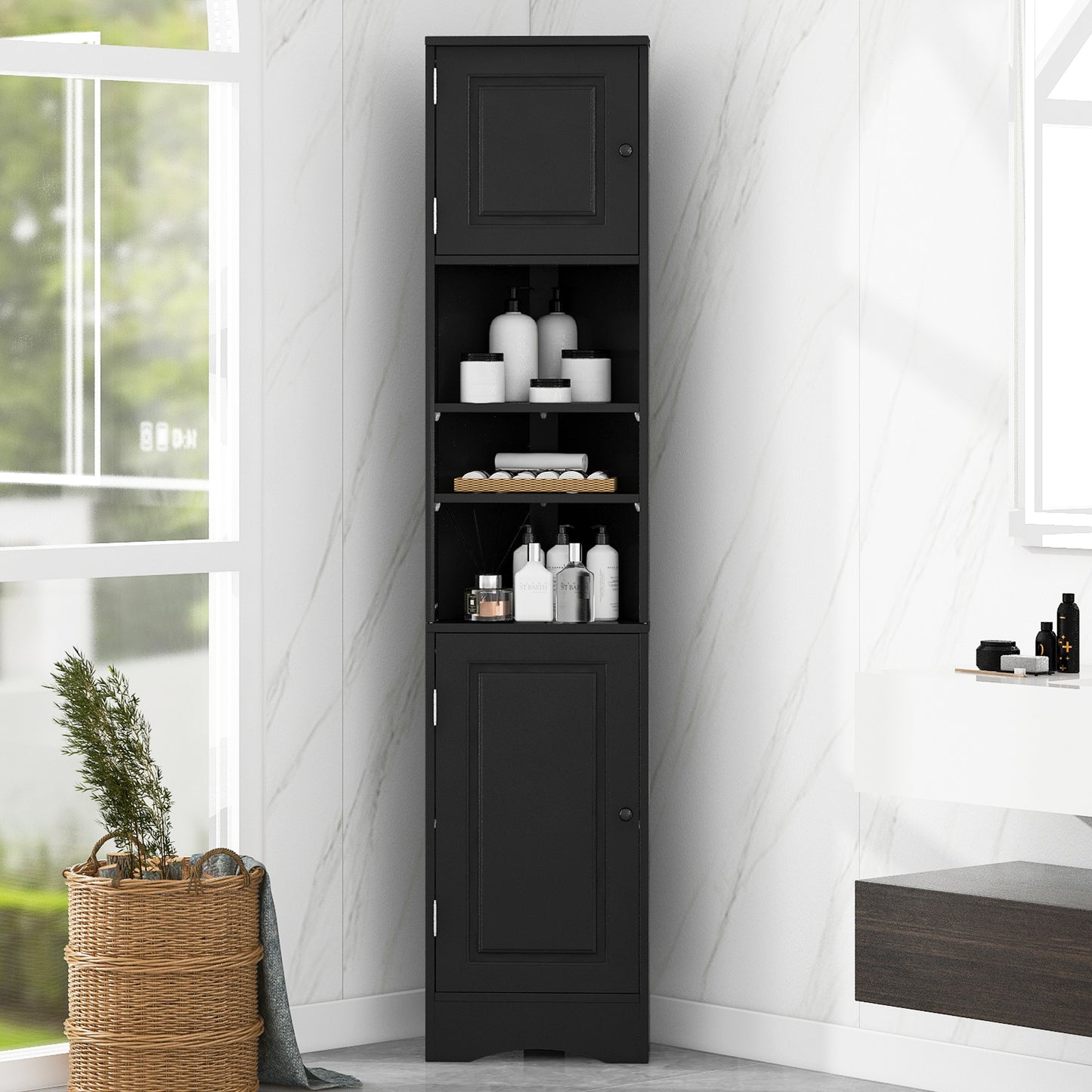 Multi-Functional Corner Cabinet Tall Bathroom Storage Cabinet With Two Doors And Adjustable Shelves, Open Shelf, Black