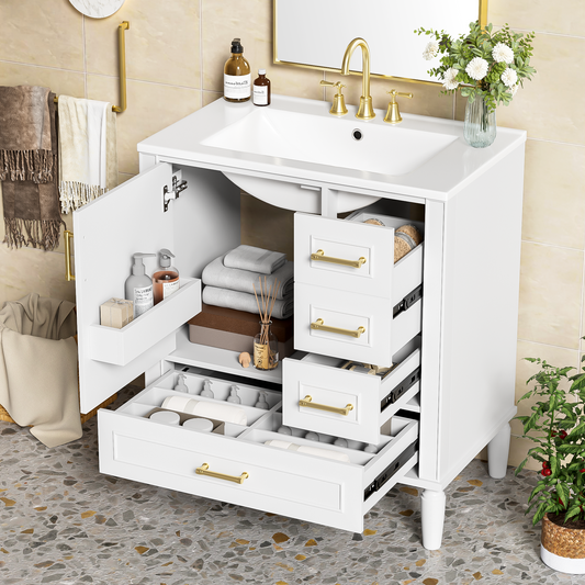 30  Bathroom Vanity With Ceramic Sink, Soft-Close Door With Built-in Shelf, Deep Drawer, Standard Drawer, Long Divider Drawer, Ample Storage Cabinet For Bathroom, Modern & Functional Design