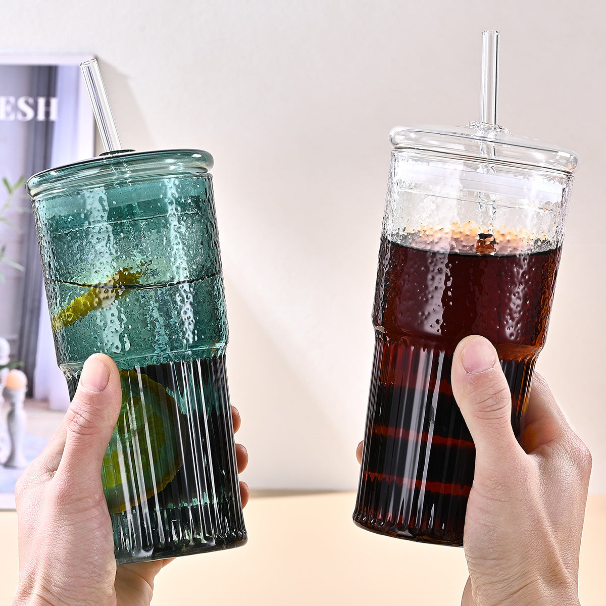 20 Oz 2-pack Glass Straw Cup With Vertical Pattern Cup And Lid, High Borosilicate Heat-resistant Glass Cup For Juice, Milk And Cold Drinks
