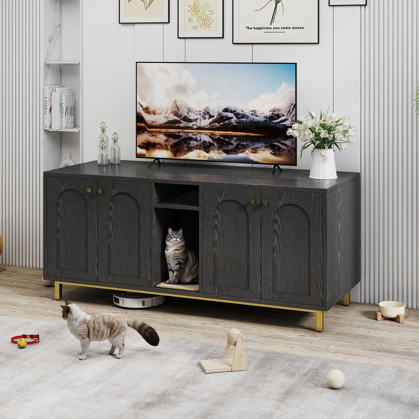 Cat Litter Box Enclosure Black Color Large Capacity Double Magnetic Door Design Litter Box Furniture Enclosure Cabin With Scratching Pad