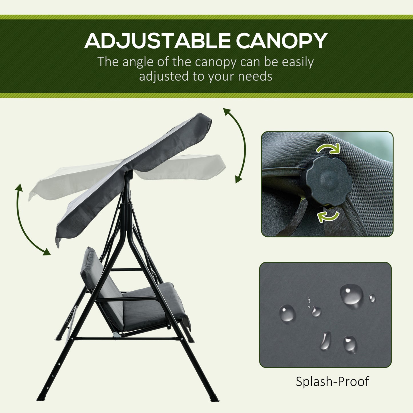 3-Seat Outdoor Patio Swing Chair W/ Cushion, Steel Frame Stand, Adjustable Tilt Canopy For Patio, Garden, Gray