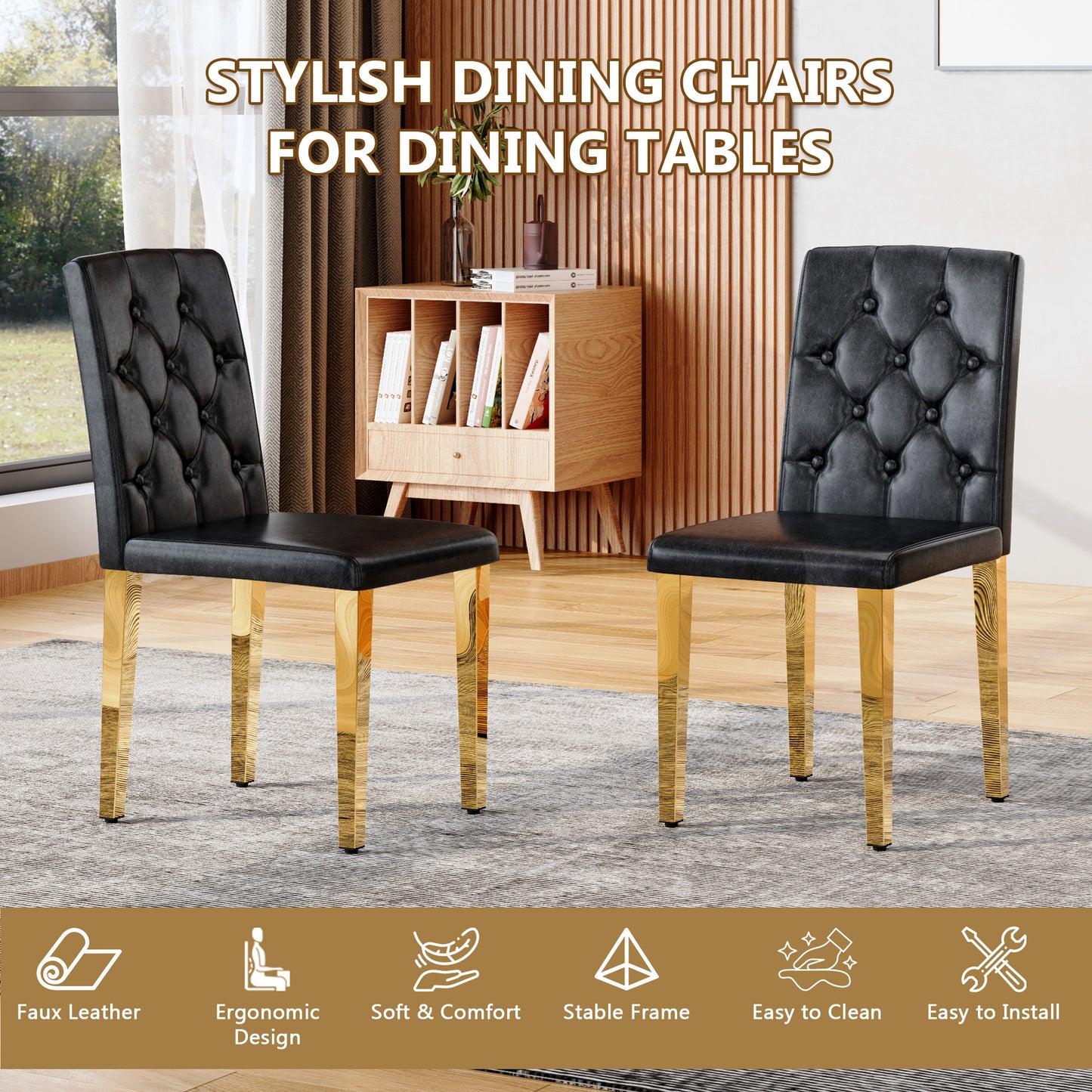 4-pack Black PU Dining Chairs Ergonomic Buckle Backrest, 35 Inches High, Golden Metal Legs,Combines Comfort And Texture.Perfectly Suitable For Family Dining Rooms, Hotel Banquet Halls,etc.
