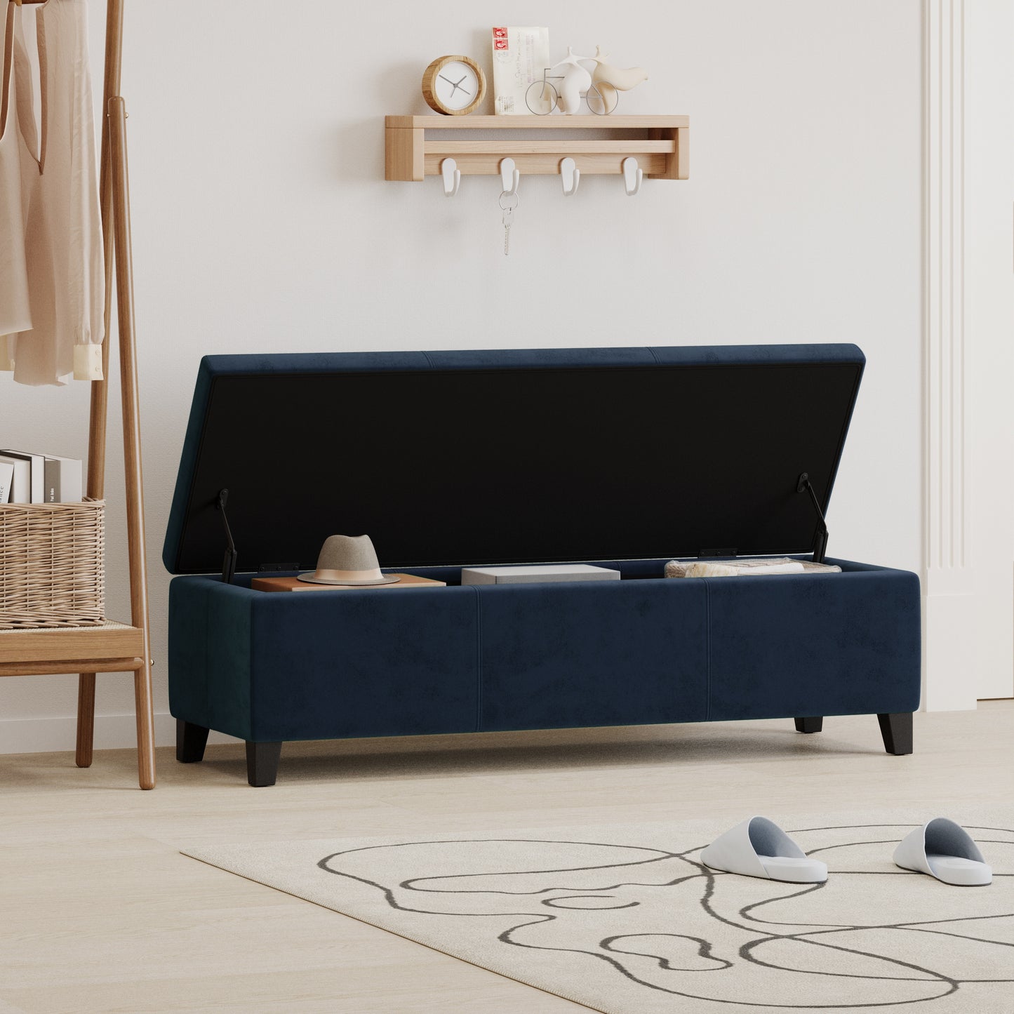 Indoor Dark Blue Storage Ottoman Bench - 51.25  L Upholstered Entryway Bench With Hidden Storage, 300lbs Weight Capacity For Living Room, Bedroom & Hallway