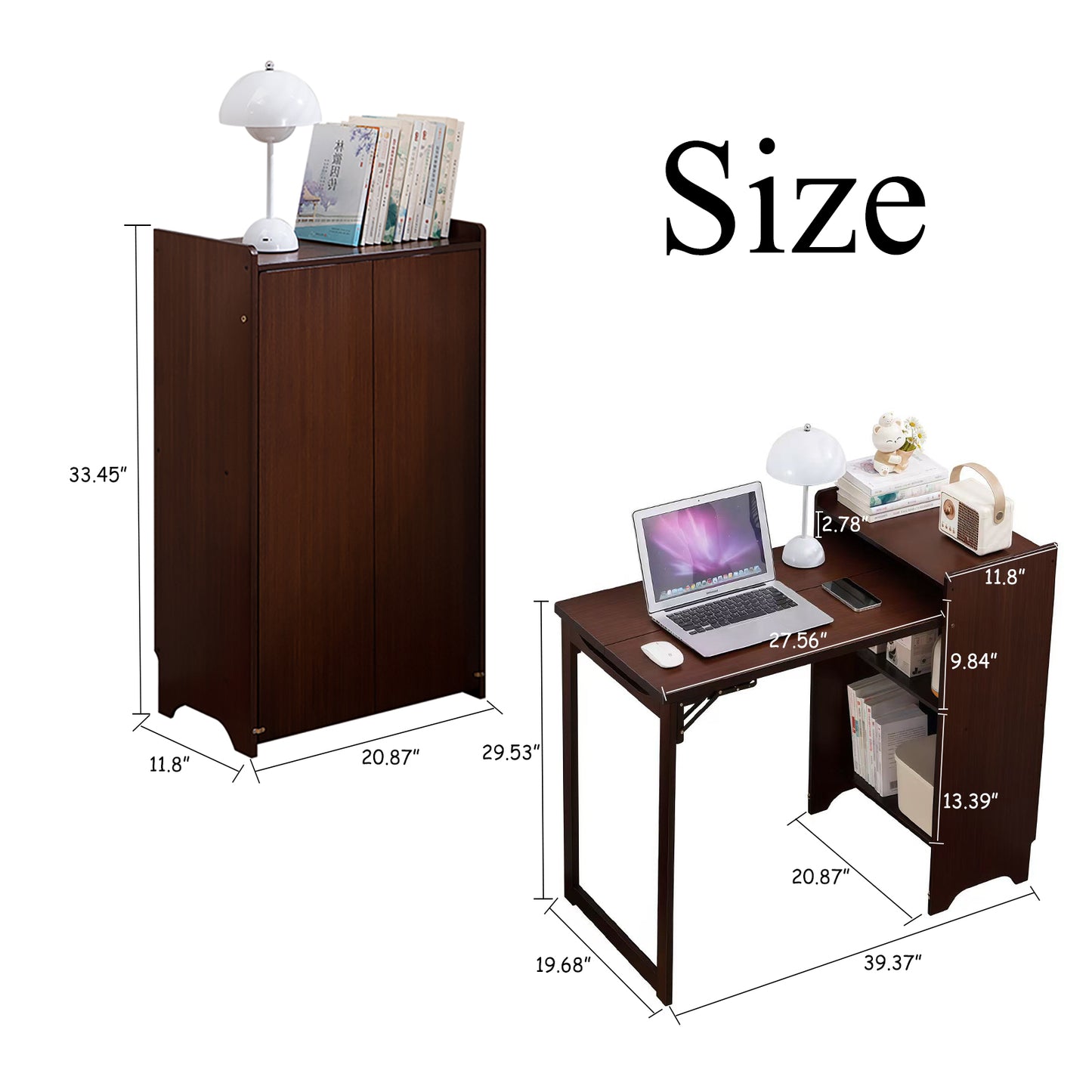 Bamboo Folding Desk, Foldable Desk For Small Space, Computer Desk With Hidden Storage, Mid Century Foldable Table For Home Office And Bedroom Walnut Brown