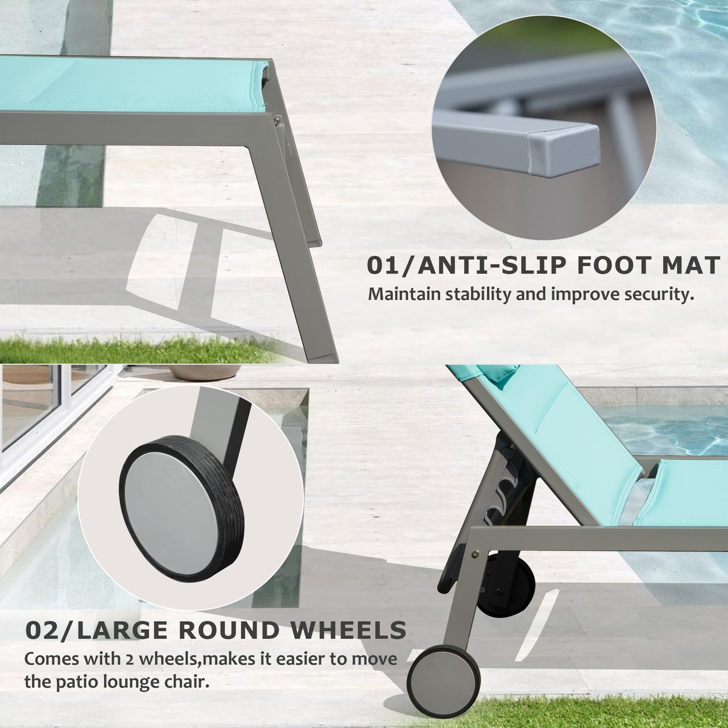 Outdoor Patio Chaise Lounge Set Of 3, Aluminum Pool Lounge Chairs With And Wheels, Textilene Padded Adjustable Recliner All Weather For Poolside, Beach, Yard, Balcony  Lake Blue