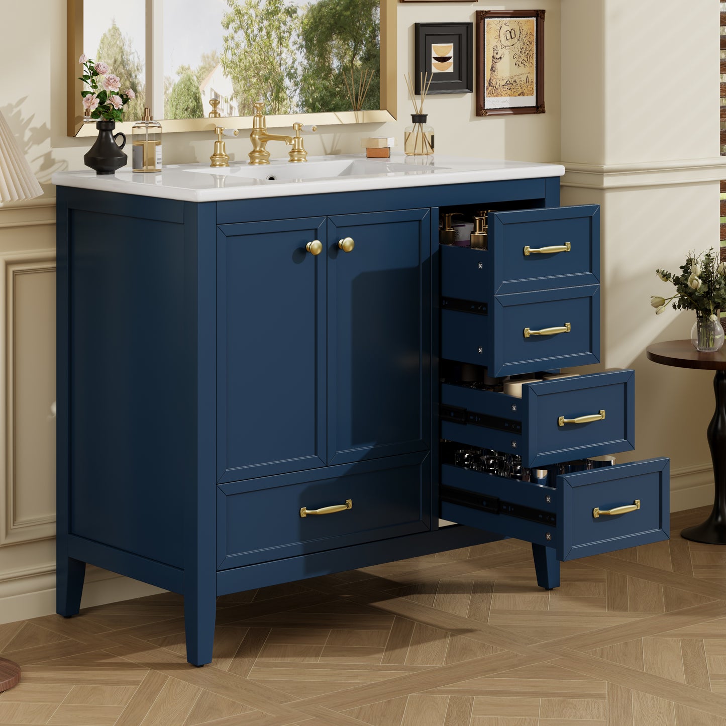 36  Bathroom Vanity With Sink, Bathroom Cabinet With Soft-Closing Door, 4 Drawers Of Different Sizes, Solid Wood Frame And Leg, Two Packages, Blue