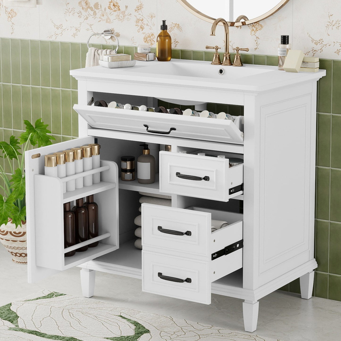 30 Inch Bathroom Vanity With Ceramic Sink Top, Solid Wood Frame, MDF & Pine Cabinet, Flip Drawers, Adjustable Shelf, And Zinc Alloy Handles, Freestanding Storage Cabinet  Faucet Not Included