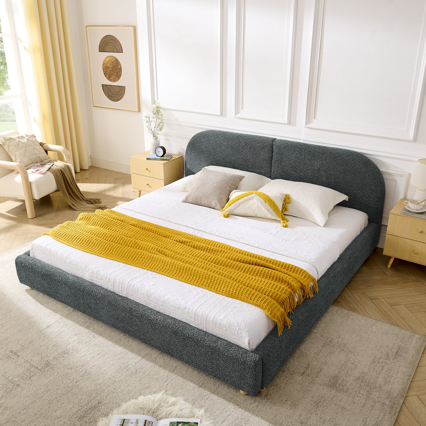 King Size Upholstered Bed Frame, Modern Minimalist Style With Tall Curved Headboard, Premium Circle Yarn Fabric & Sturdy Leg Support, Mattress Not Included-Dark Gray