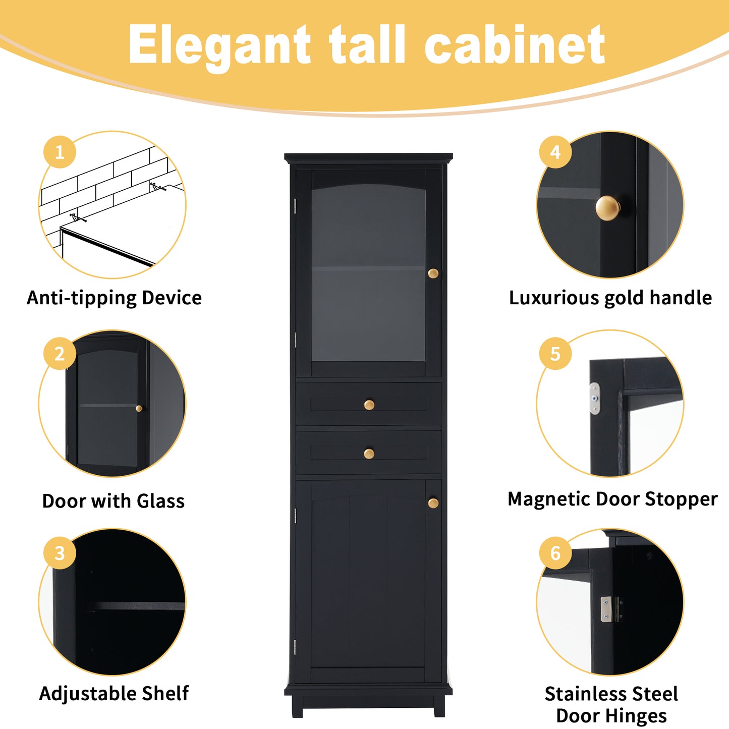 63  Tall Bathroom Storage Cabinet With Glass Doors, Free-Standing, Two Drawers, And Adjustable Shelves, MDF Board, Painted Black - Perfect For Displaying Your Favorite Items