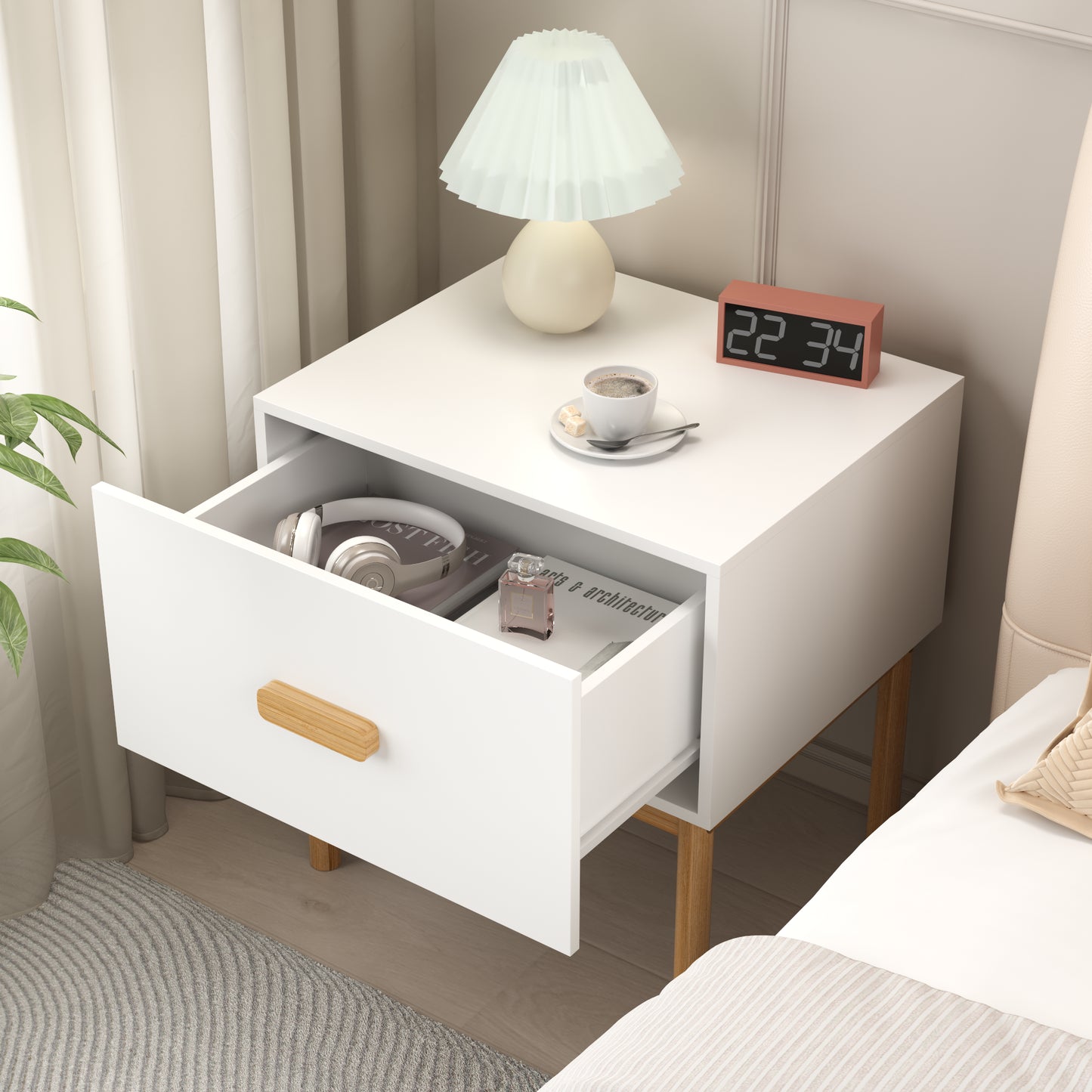 Modern White Nightstand With Drawer And Wood Legs, Minimalist Bedside Table With Handle For Bedroom, Living Room, Apartment
