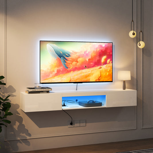 Floating TV Stand Wall Mounted With 16 Color LEDs,63  Modern TV Stand,Floating TV Cabinet Entertainment Center For 55 60 65 Inch TV,White