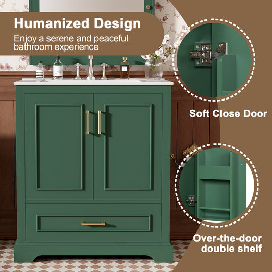 30  Bathroom Vanity With Sink, MDF And Solid Wood Frame, 1 Divider Drawer And 2 Soft-close Doors  Double Shelf On Door , Freestanding Vanity
